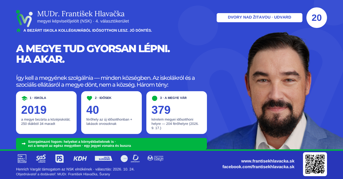 MUDr. František Hlavačka – Dvory nad Žitavou · Udvard: a megye tud gyorsan lépni, ha akar (magyar banner)