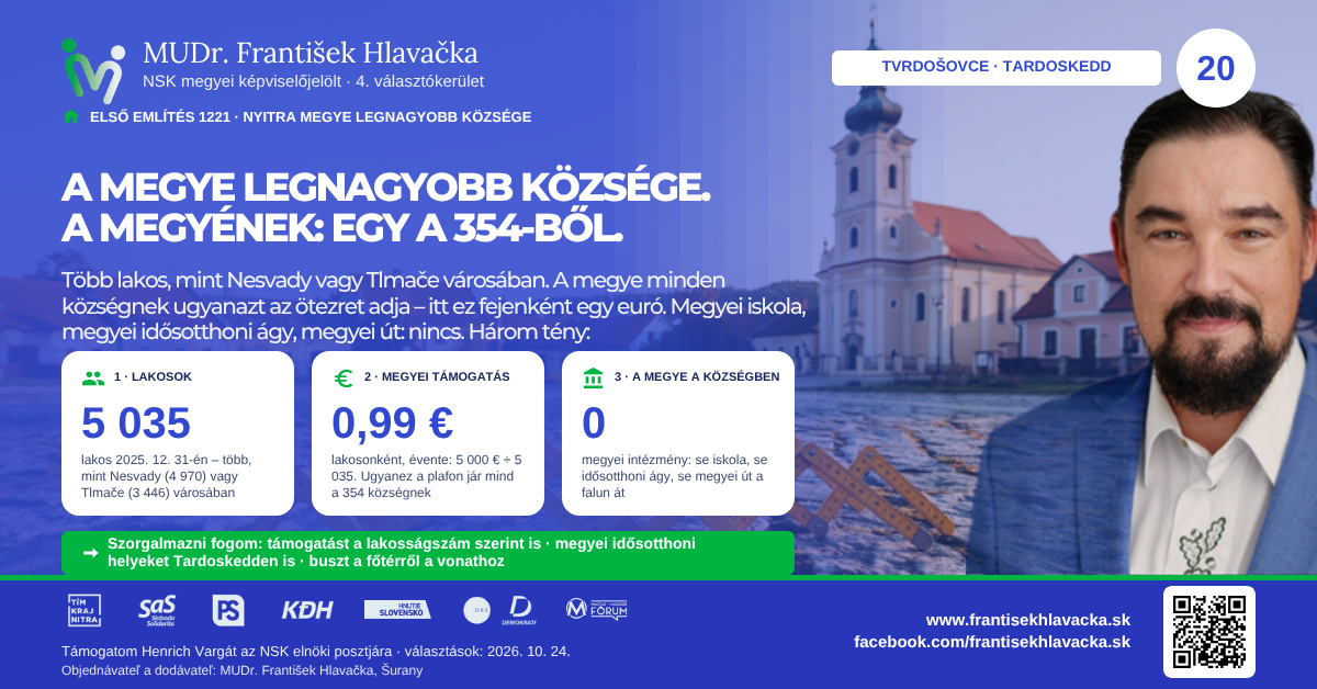 Tvrdošovce · Tardoskedd Tardoskedd 2026 – A megye legnagyobb községe. A megyének: egy a 354-ből.