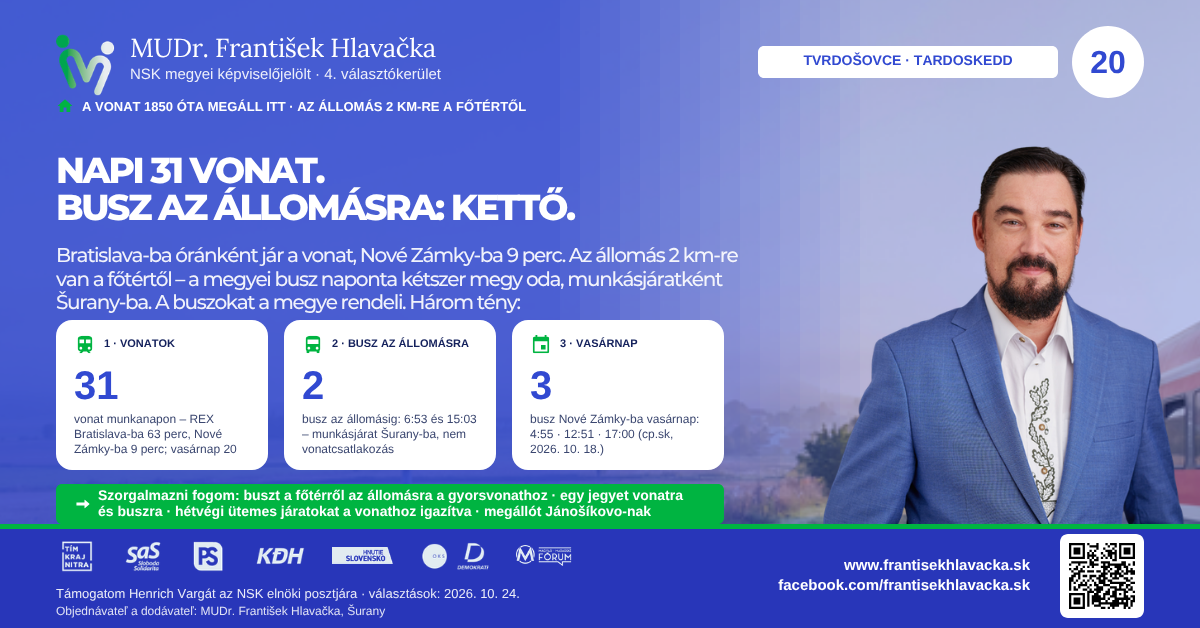 Tvrdošovce · Tardoskedd Tardoskedd 2026 – Napi 31 vonat. Busz az állomásra: kettő.