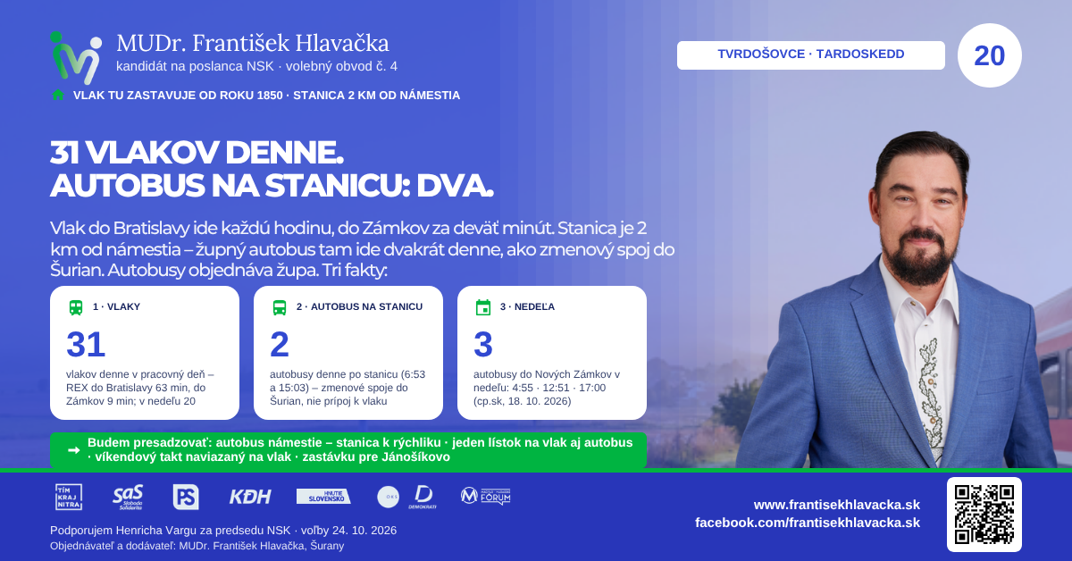 Tvrdošovce · Tardoskedd Tvrdošovce 2026 – baner B: 31 vlakov denne. Autobus na stanicu: dva.